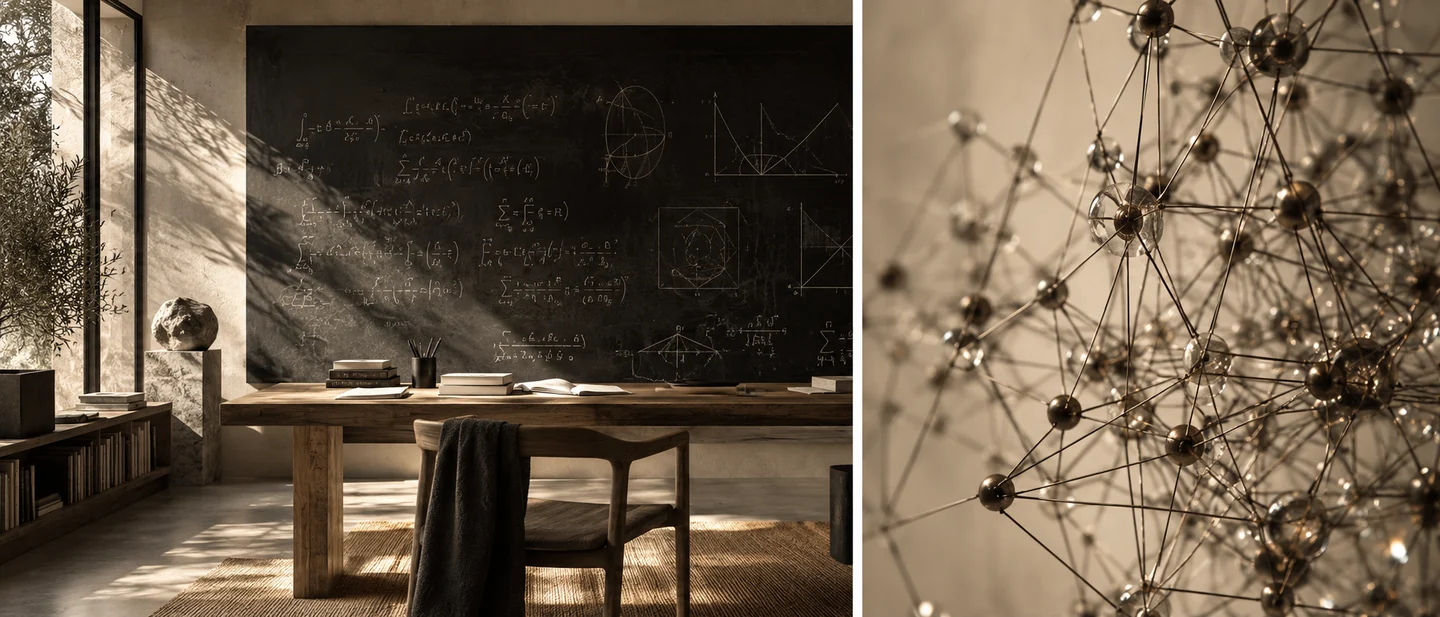 A research studio with diagrams on a blackboard and a suspended network sculpture.