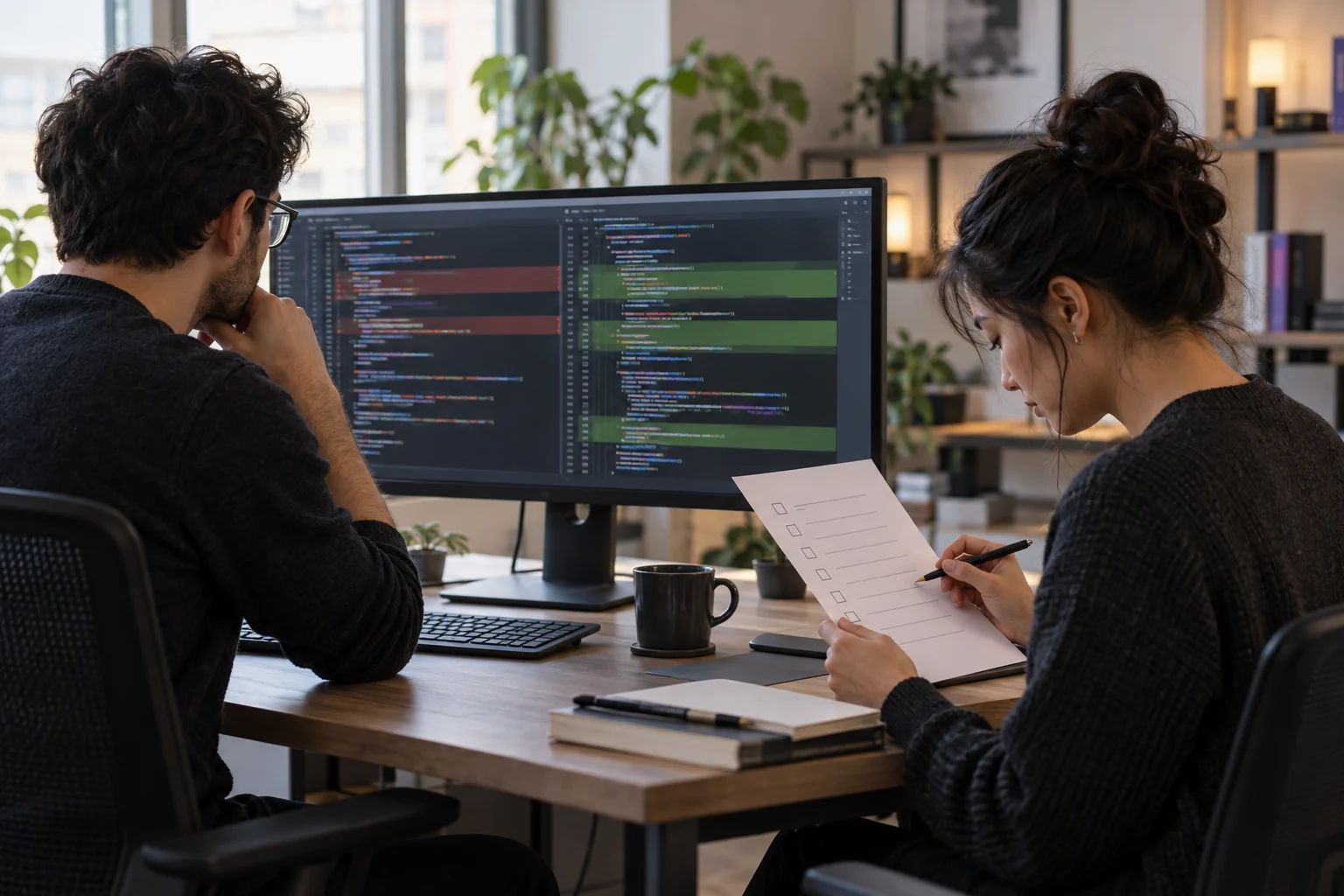 Two software developers compare a code diff with a written security checklist.