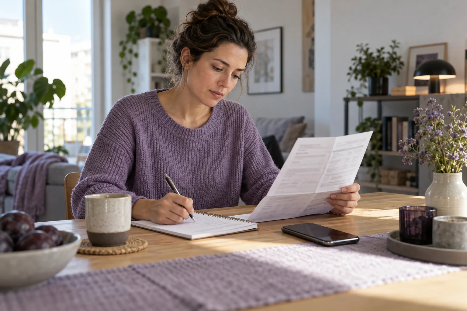 A person reviews a medical summary and writes questions for a clinician at home.