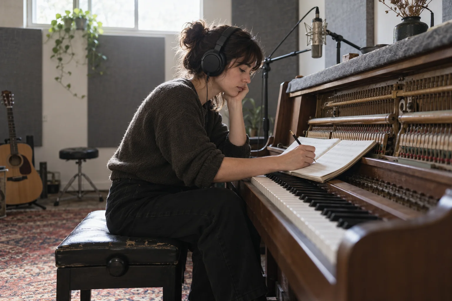 A musician listens to a melody while writing beside an upright piano in a recording studio.