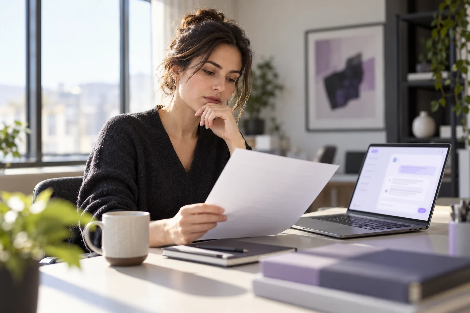 A woman independently reviewing a document beside a laptop showing an indistinct AI recommendation.