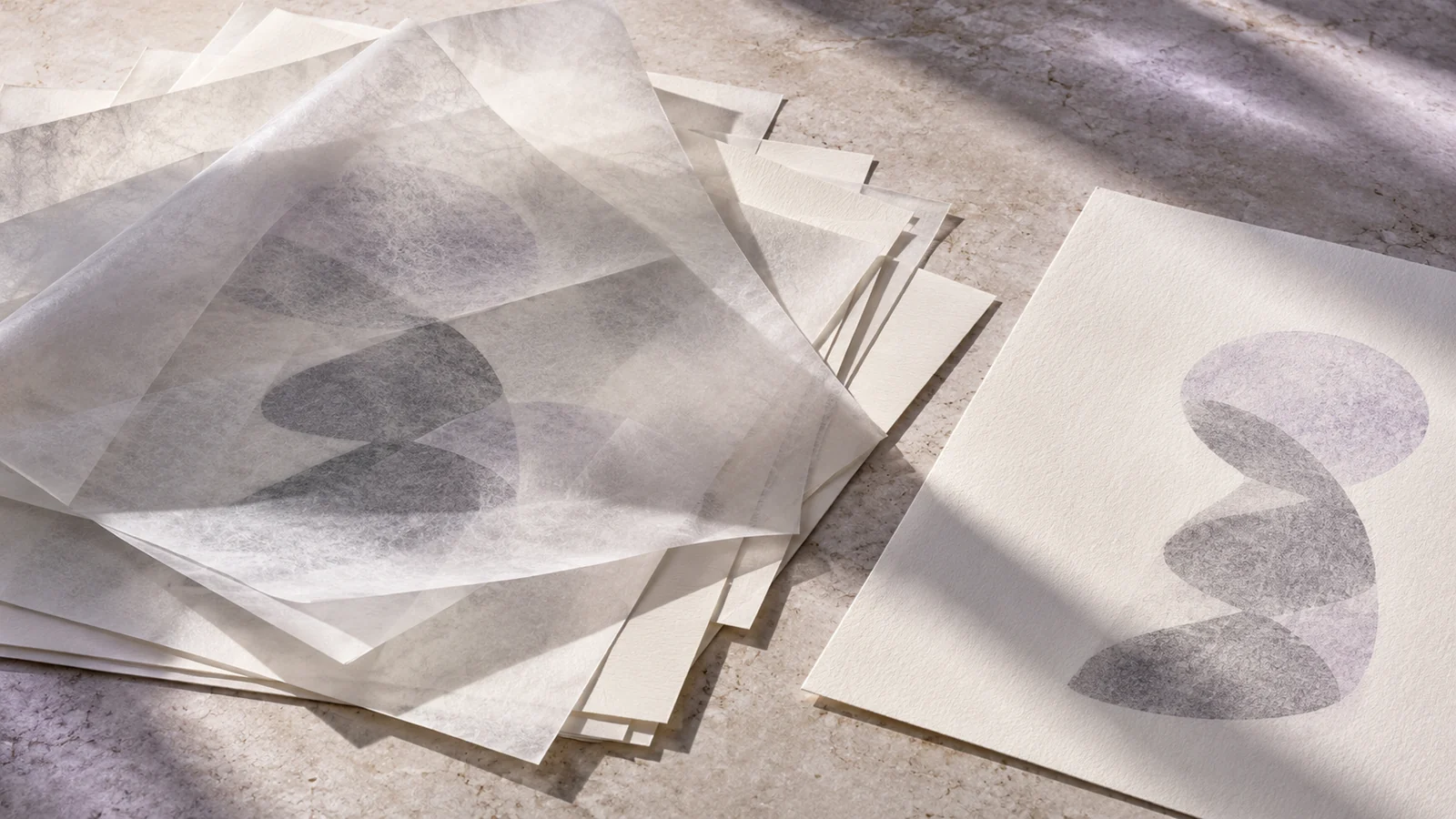 Layered pale test sheets with a faint repeated mark suggest an evaluation example overlapping with training material.