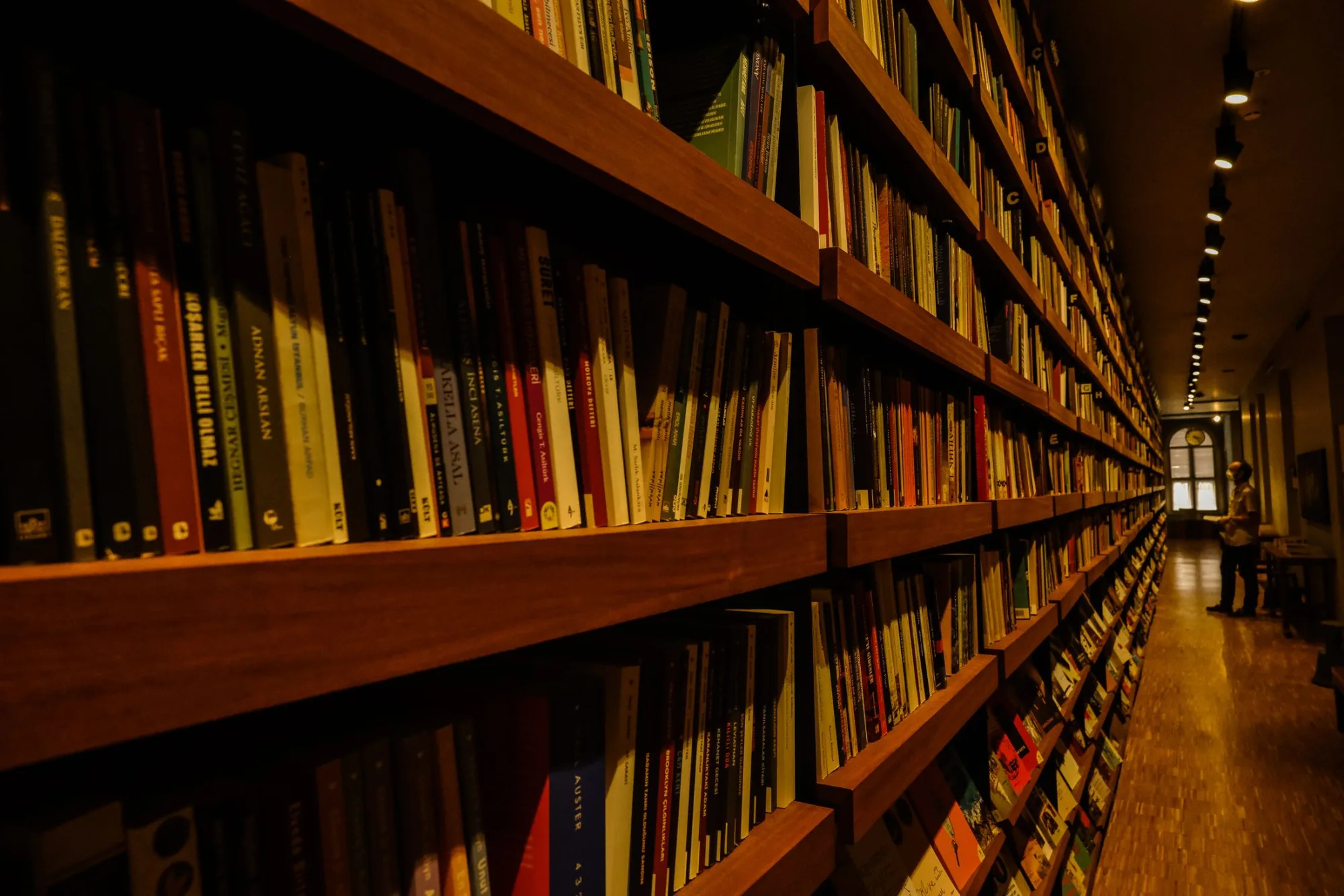 A long aisle of library books recedes toward a bright window.