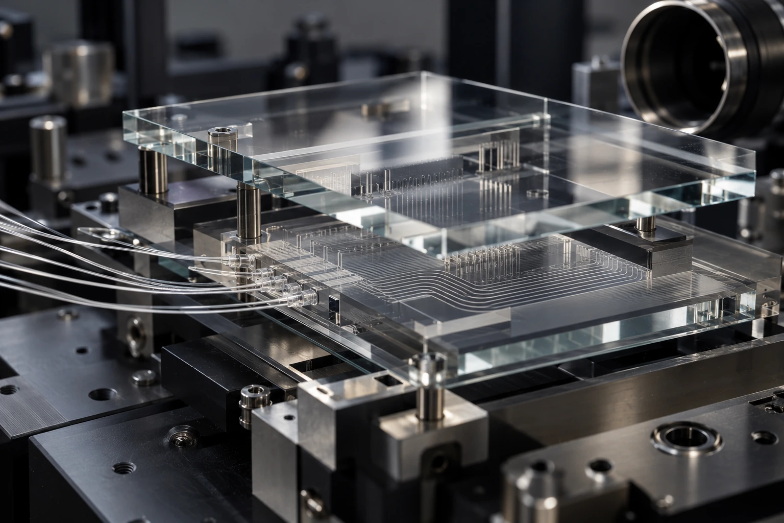 A close-up of layered glass plates and fine silicon photonic structures in a research instrument.