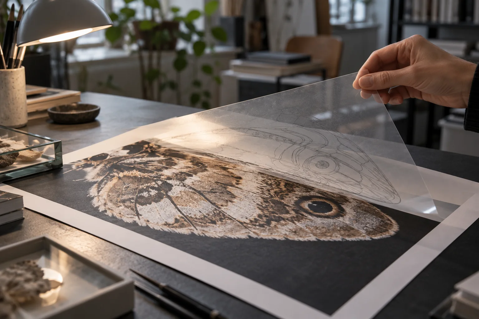 A researcher holds a transparent tracing sheet over a detailed photograph of a moth wing.