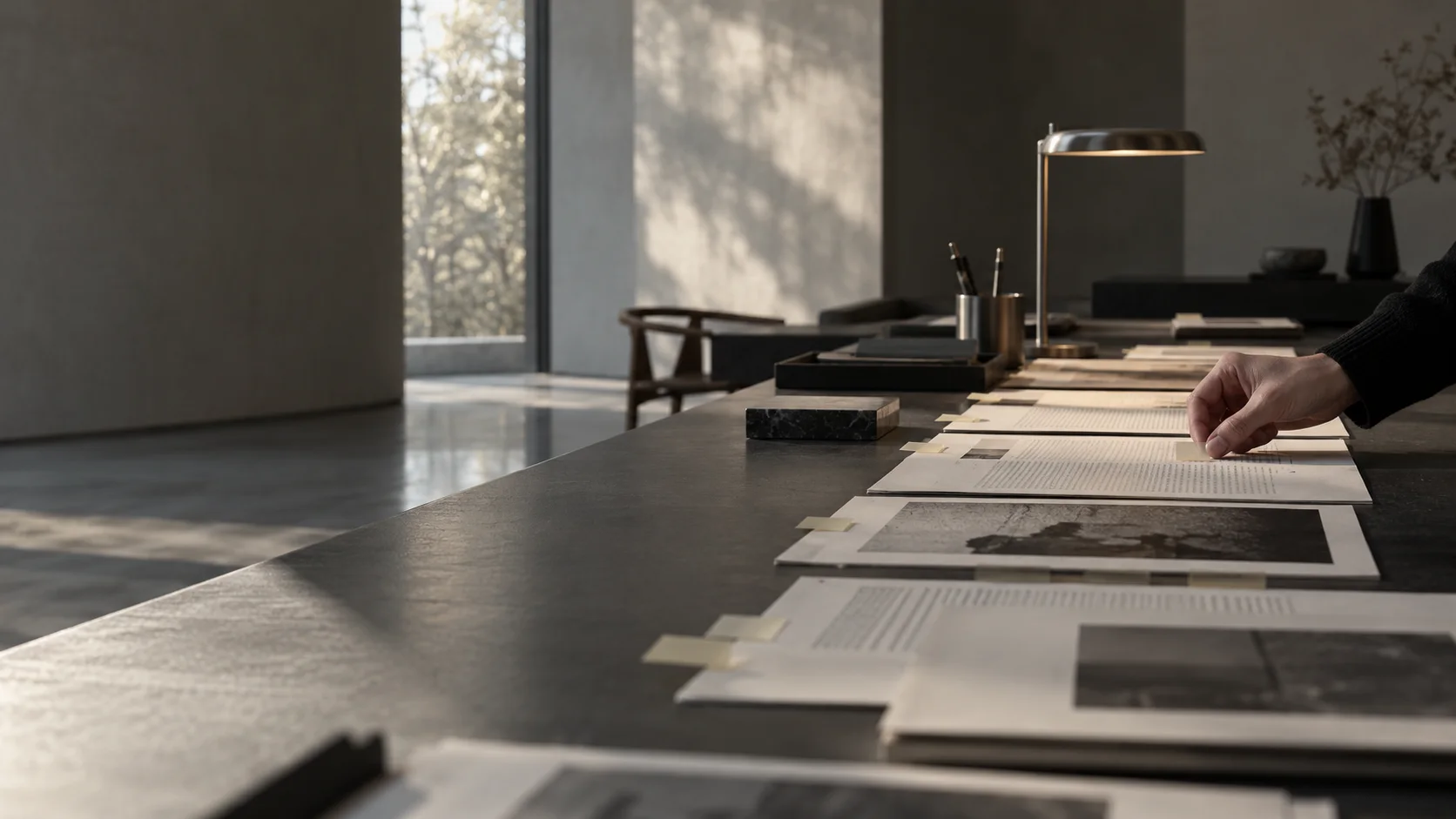 A researcher marks one relevant passage among reports spread across a long table.