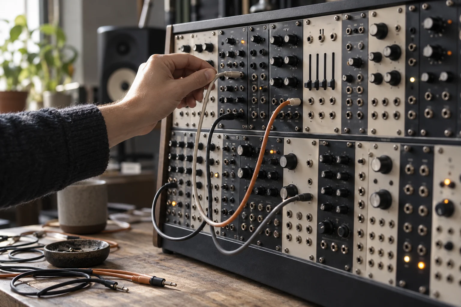 A hand connects selected patch cables on an analog modular synthesizer with many available modules.