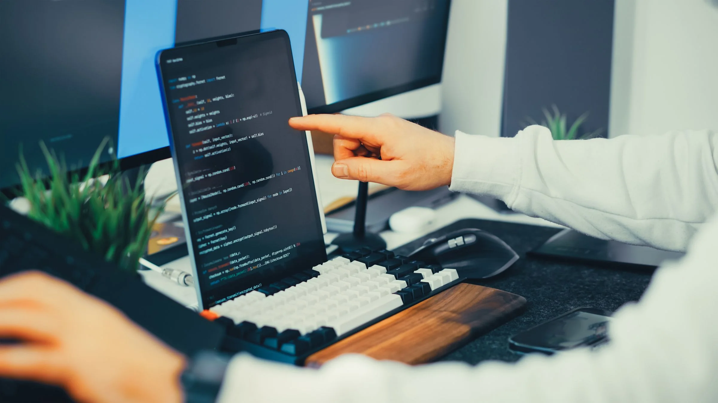 A developer points to code on a tablet beside a desktop monitor.
